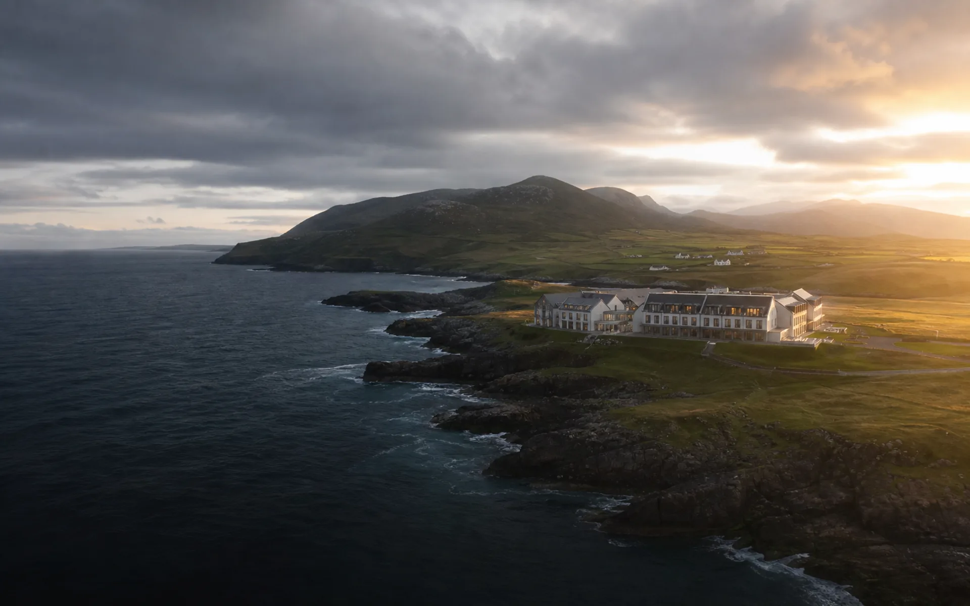 Aerial view of a coastal hospitality property in County Kerry