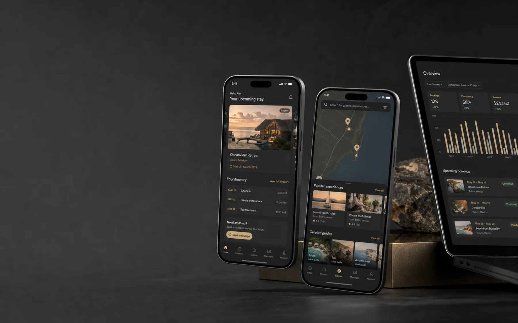 Premium mobile application interface on smartphones and a dashboard