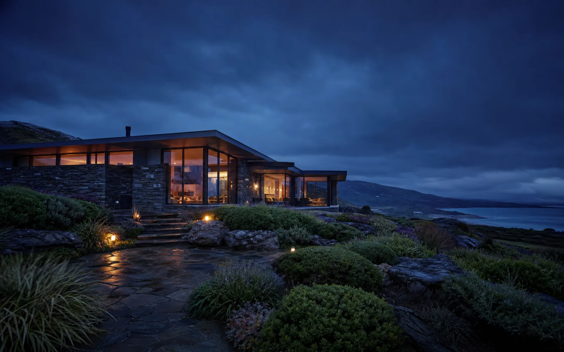 Modern coastal property in Ireland at blue hour